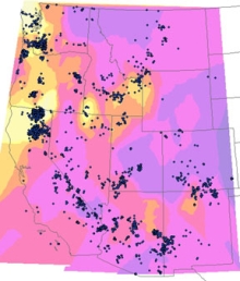 Distribution of K2O in mafic rocks (SiO2 < 55 wt%). Yellow is low, blue is high.